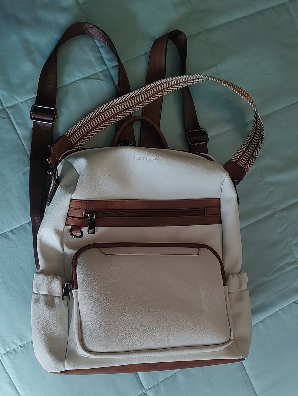 White and Brown Women's Backpack by Bostanten - Everyday Travel Bag
